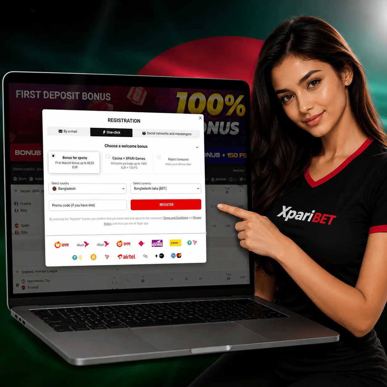 Xparibet registration form in Bangladesh — one-click sign-up with 100% welcome bonus, BDT account and bKash/Nagad deposits